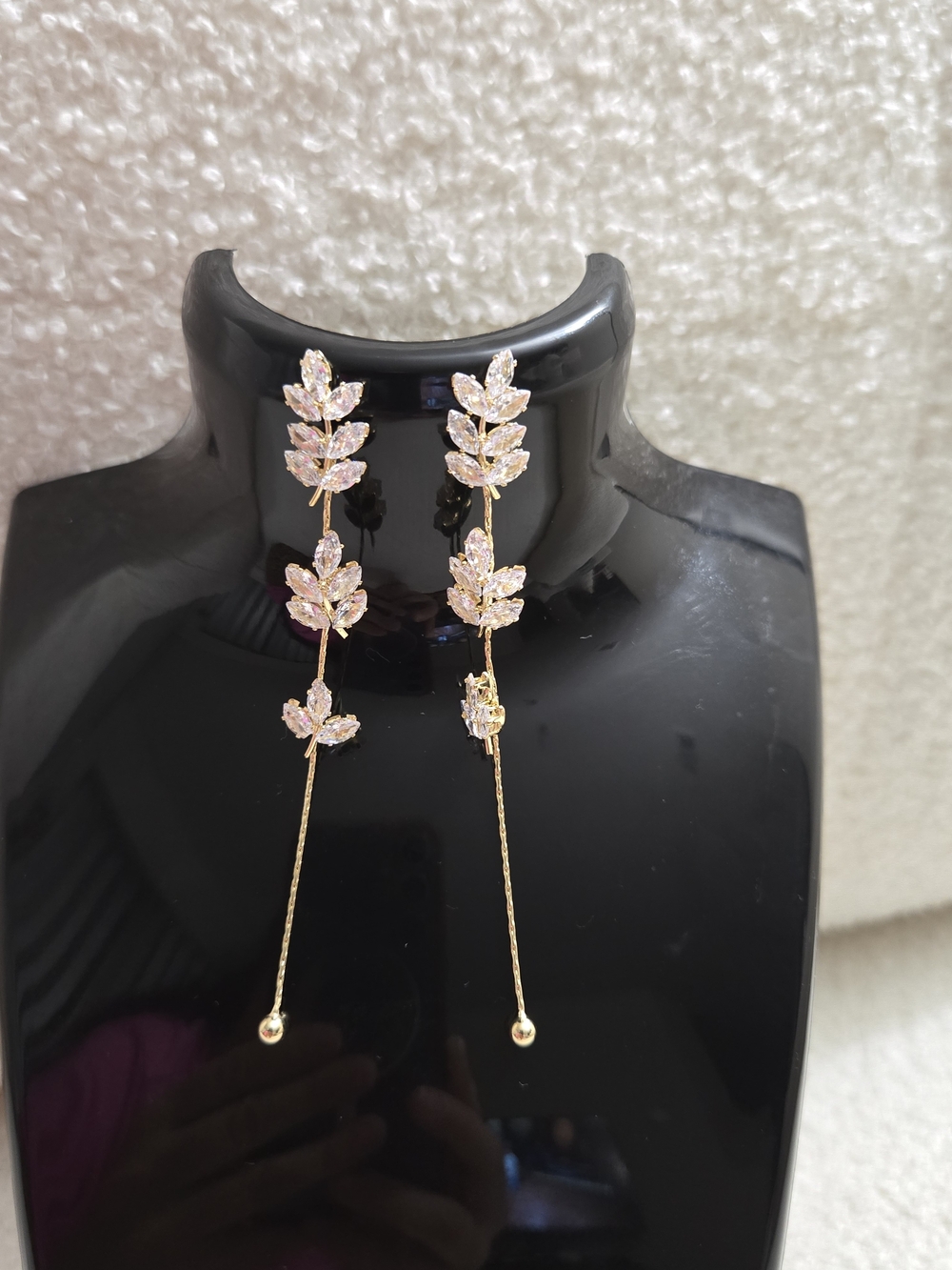 Elegant Gold Leaf Drop Earrings with Clear Crystals